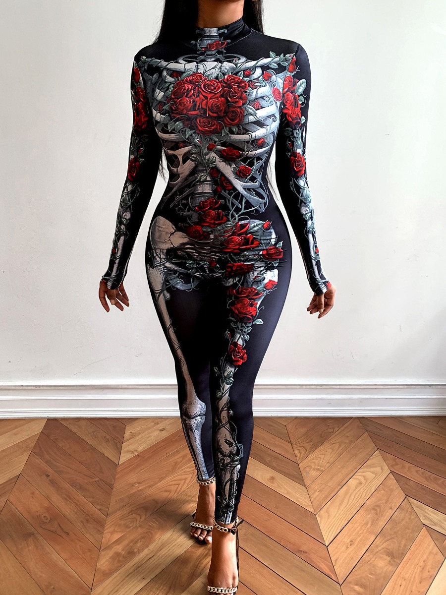 lovely Trendy Print Skinny Black One-piece Jumpsuit