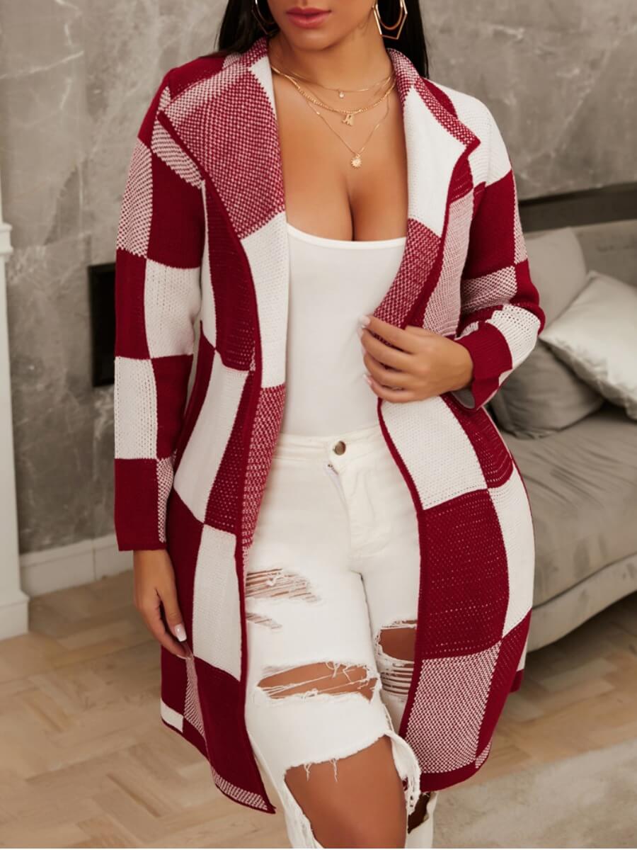

Lovely Stylish Grid Print Red Long Cardigan