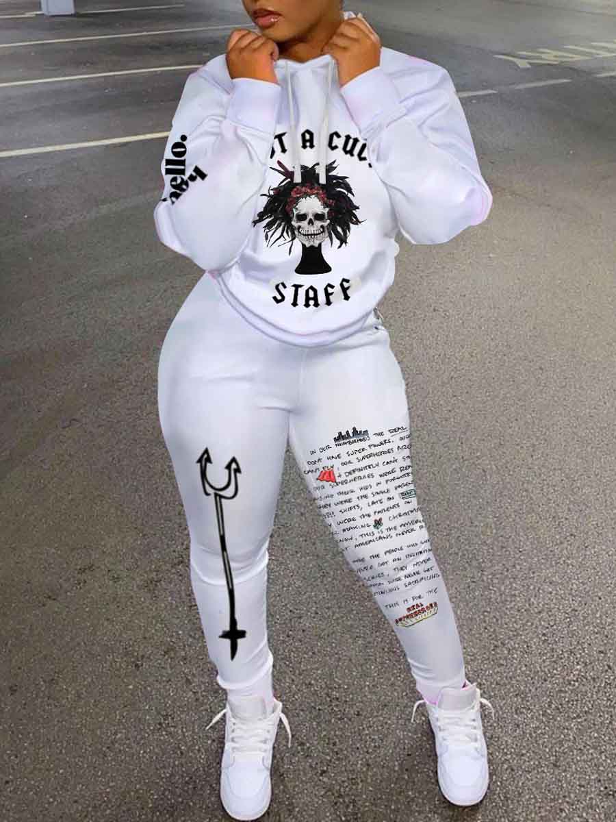 

Lovely Street Hooded Collar Print White Two Piece Pants Set