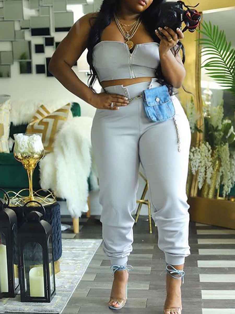 

lovely Sportswear Dew Shoulder Zipper Design Grey Plus Size Two-piece Pants Set