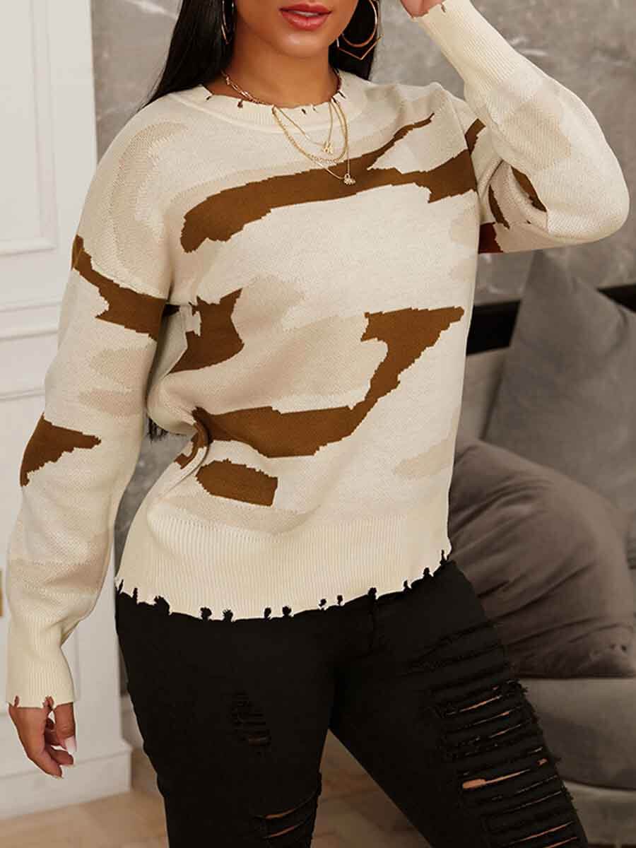 

Lovely Leisure Print Loose Apricot Sweater