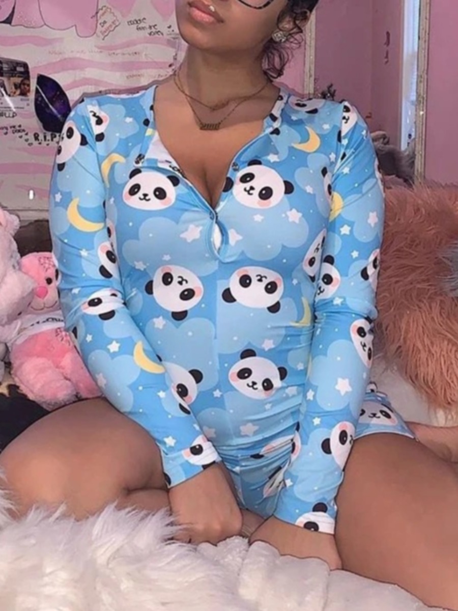 

lovely Leisure Cartoon Print Blue Sleepwear