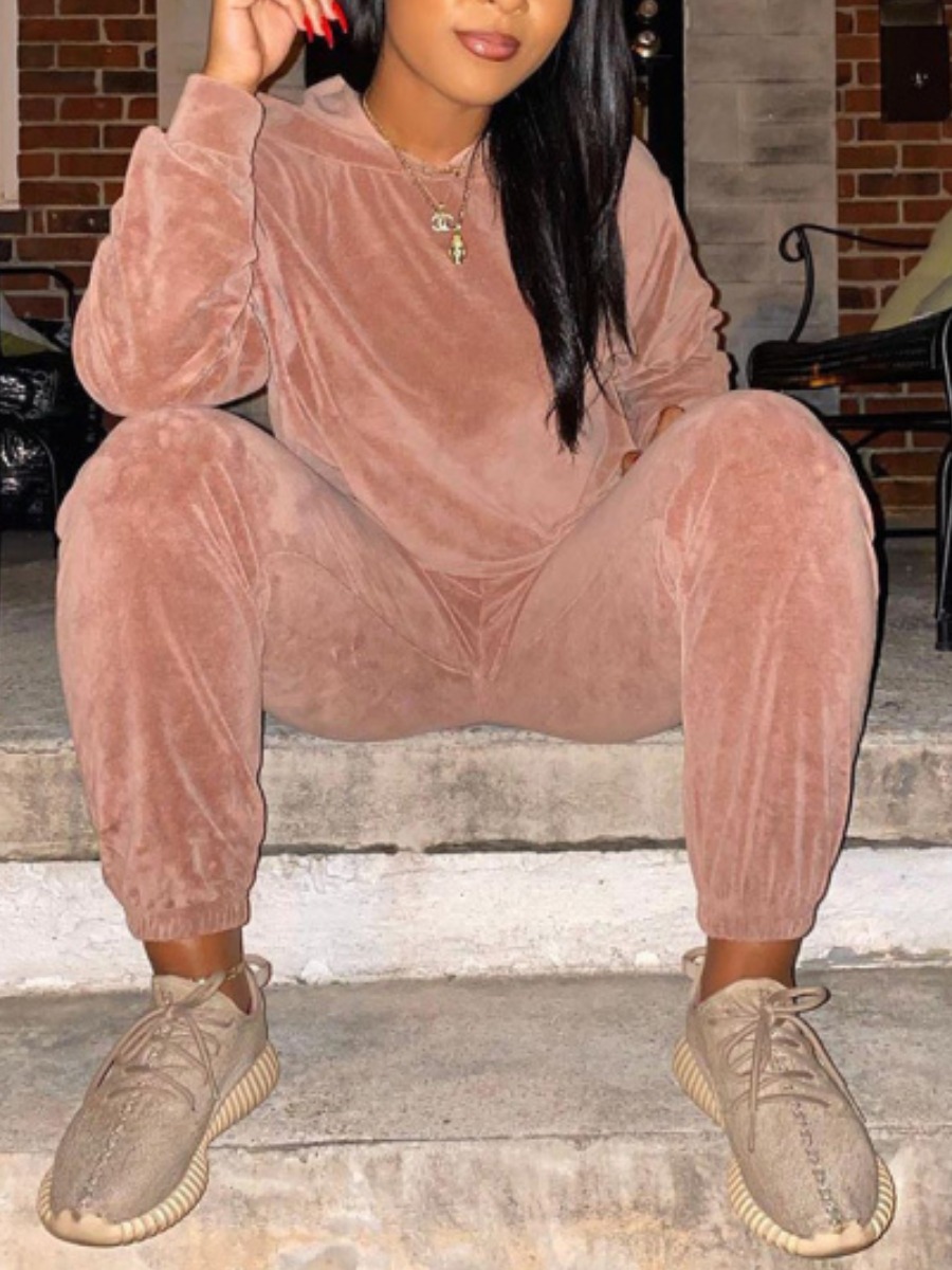

lovely Sportswear Hooded Collar Basic Dusty Pink Two Piece Pants Set