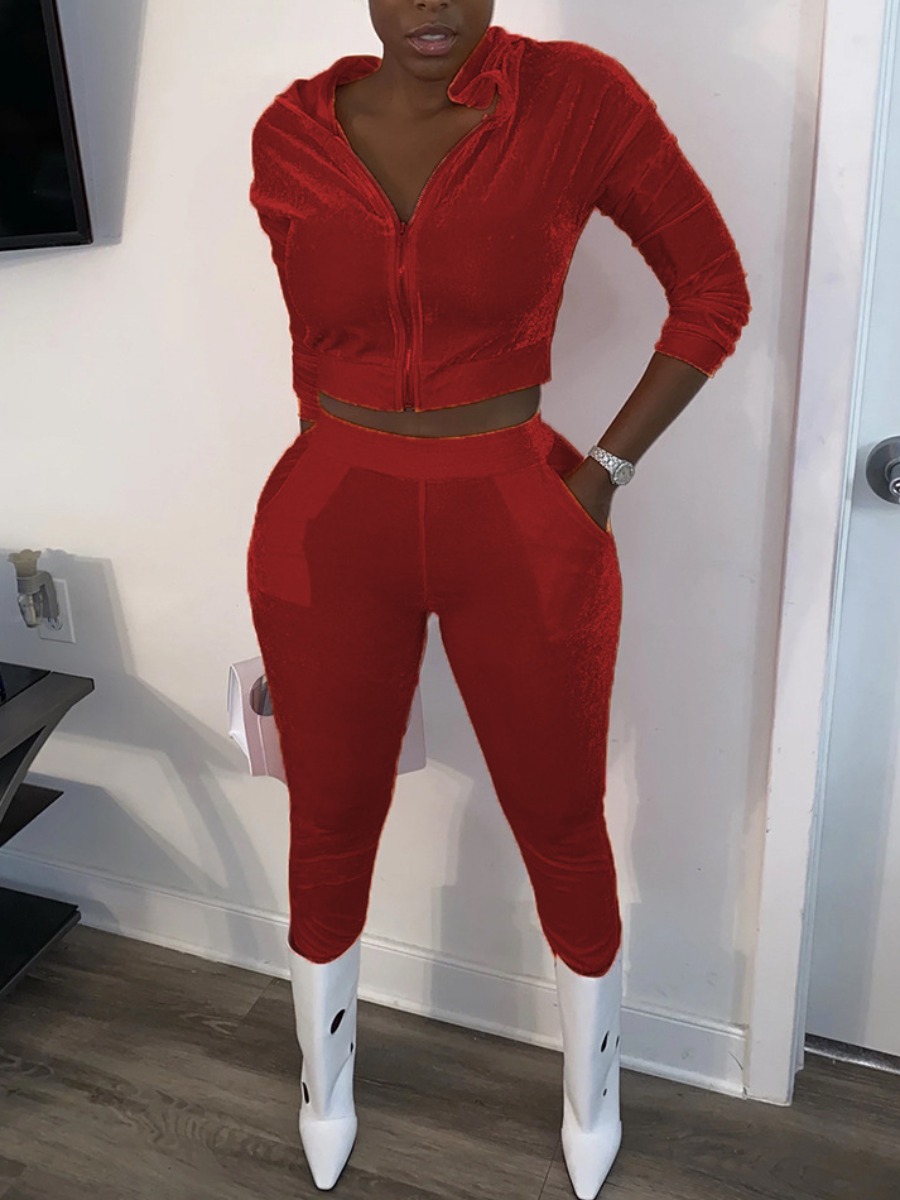 

lovely Sportswear Zipper Design Wine Red Two Piece Pants Set