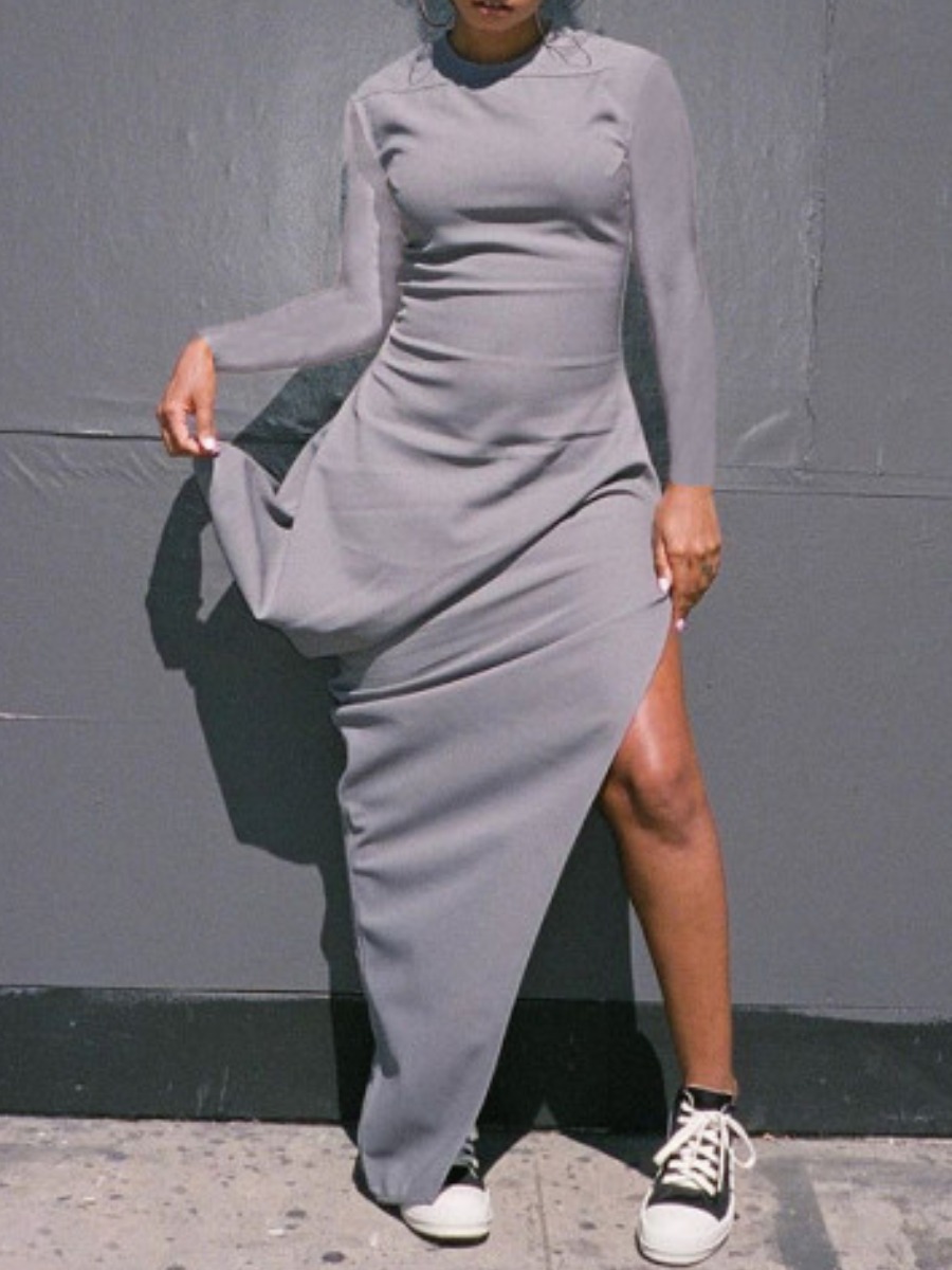 

lovely Trendy O Neck Asymmetrical Grey Maxi Dress