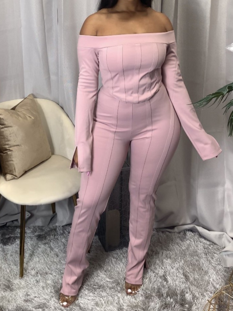 

lovely Trendy Dew Shoulder Striped Pink Two Piece Pants Set