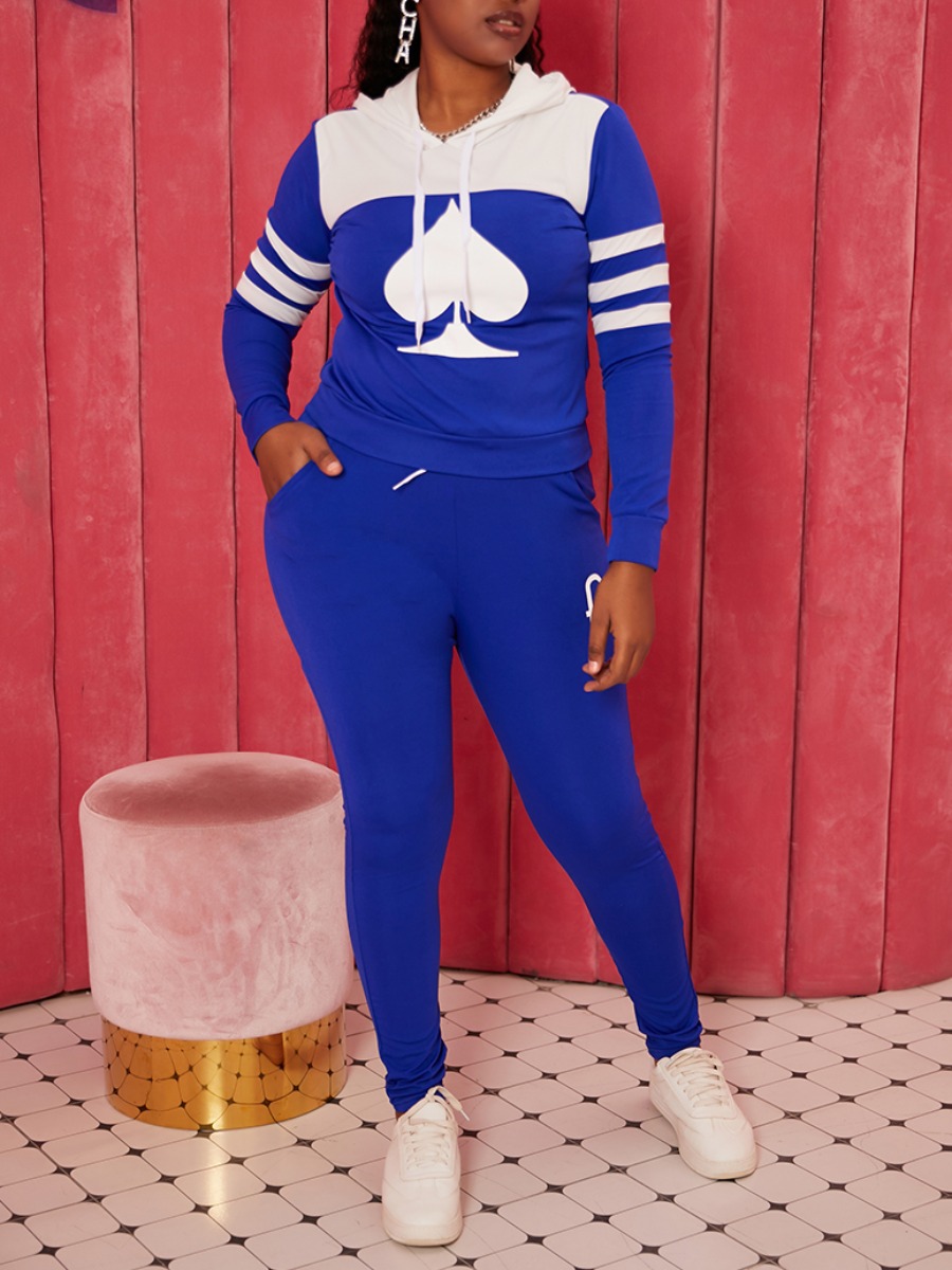 

lovely Leisure Hooded Collar Print Patchwork Blue Two Piece Pants Set