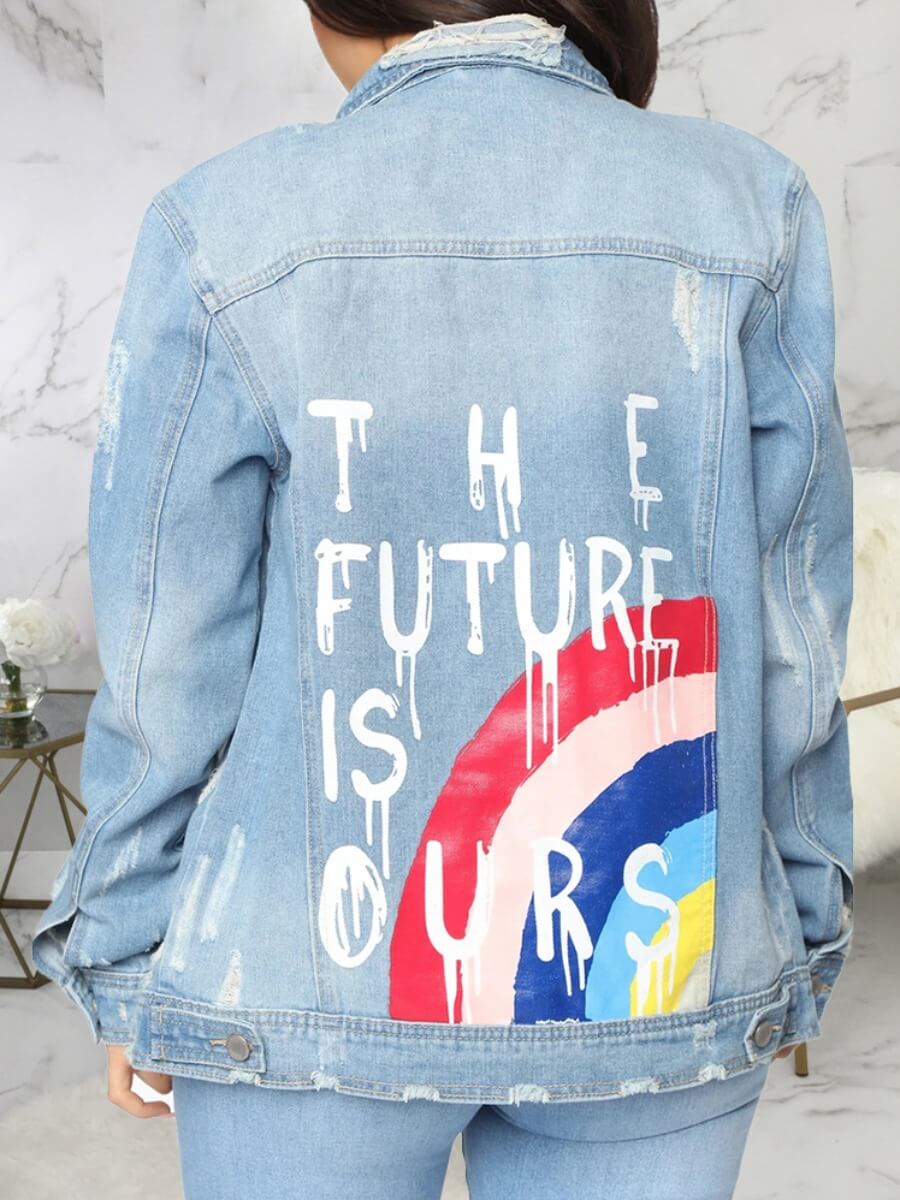 

Lovely Casual Turndown Collar Print Blue Denim Jacket