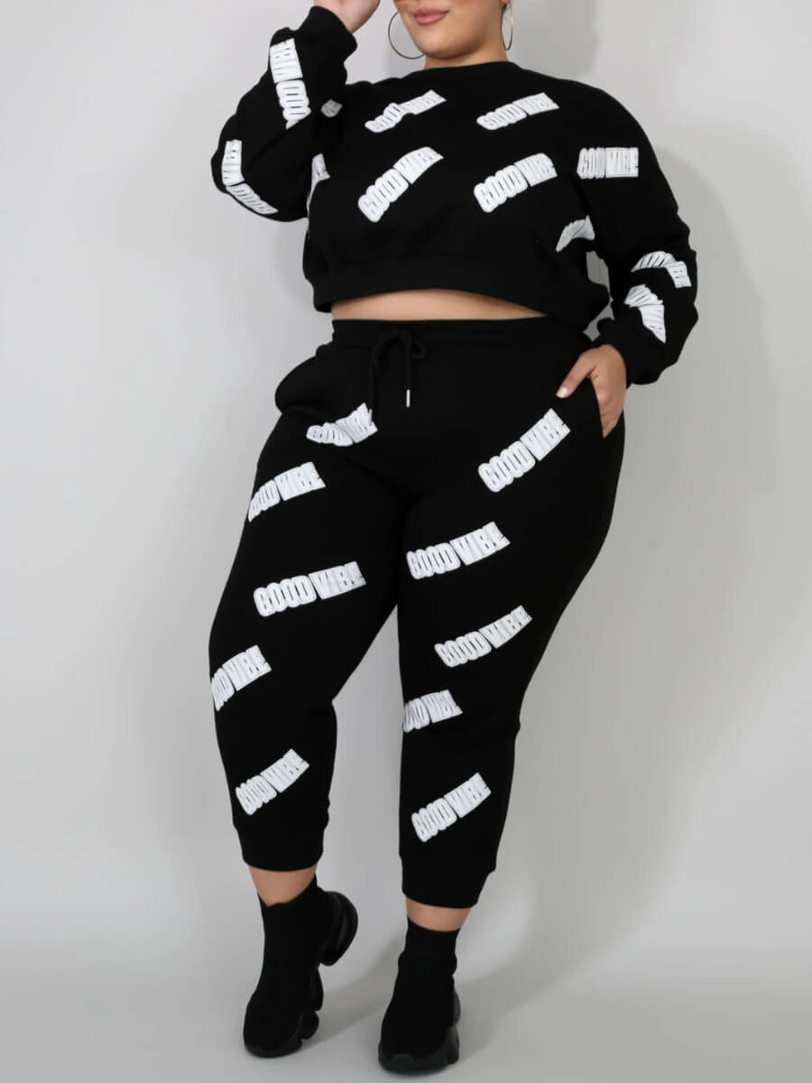 

Lovely Sportswear O Neck Print Black Plus Size Two-piece Pants Set