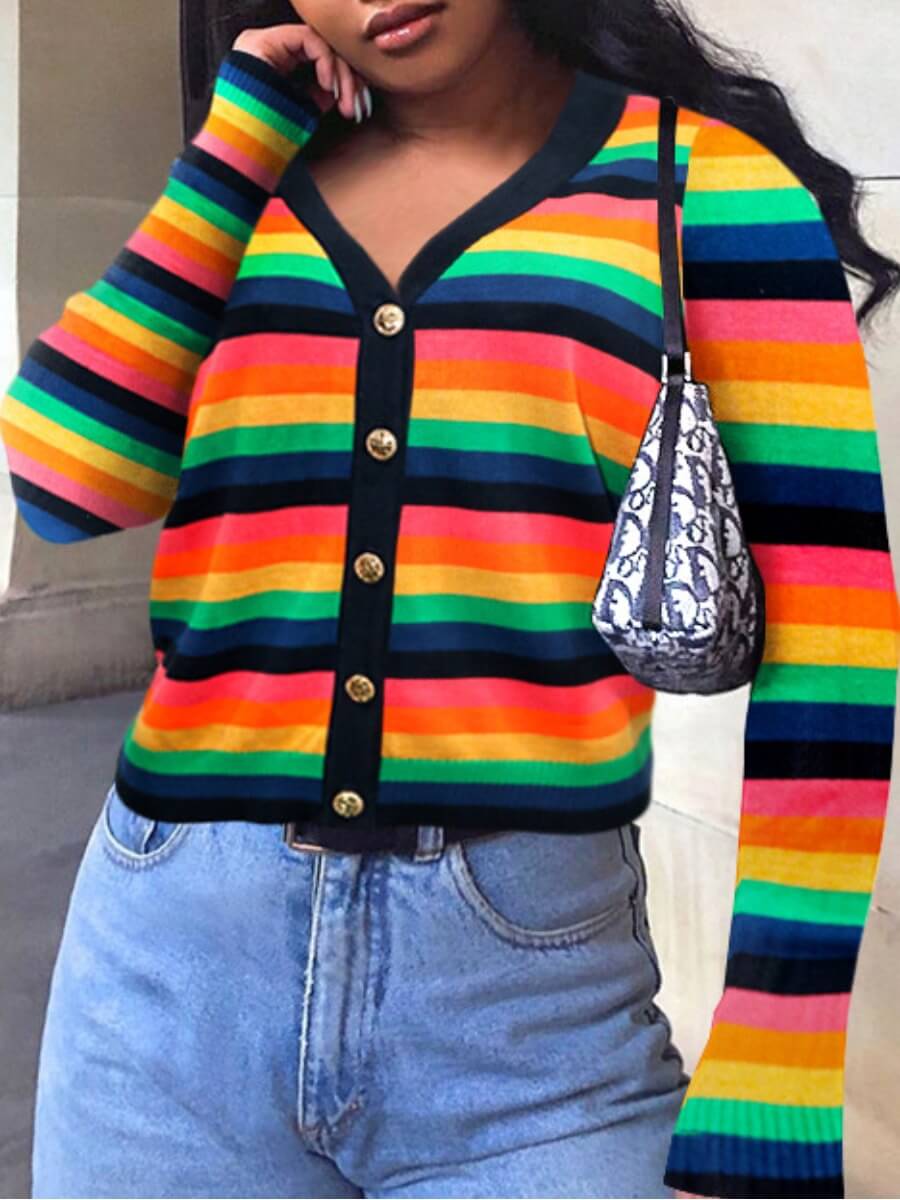 

Lovely Stylish V Neck Rainbow Striped Multicolor Cardigan, Multi