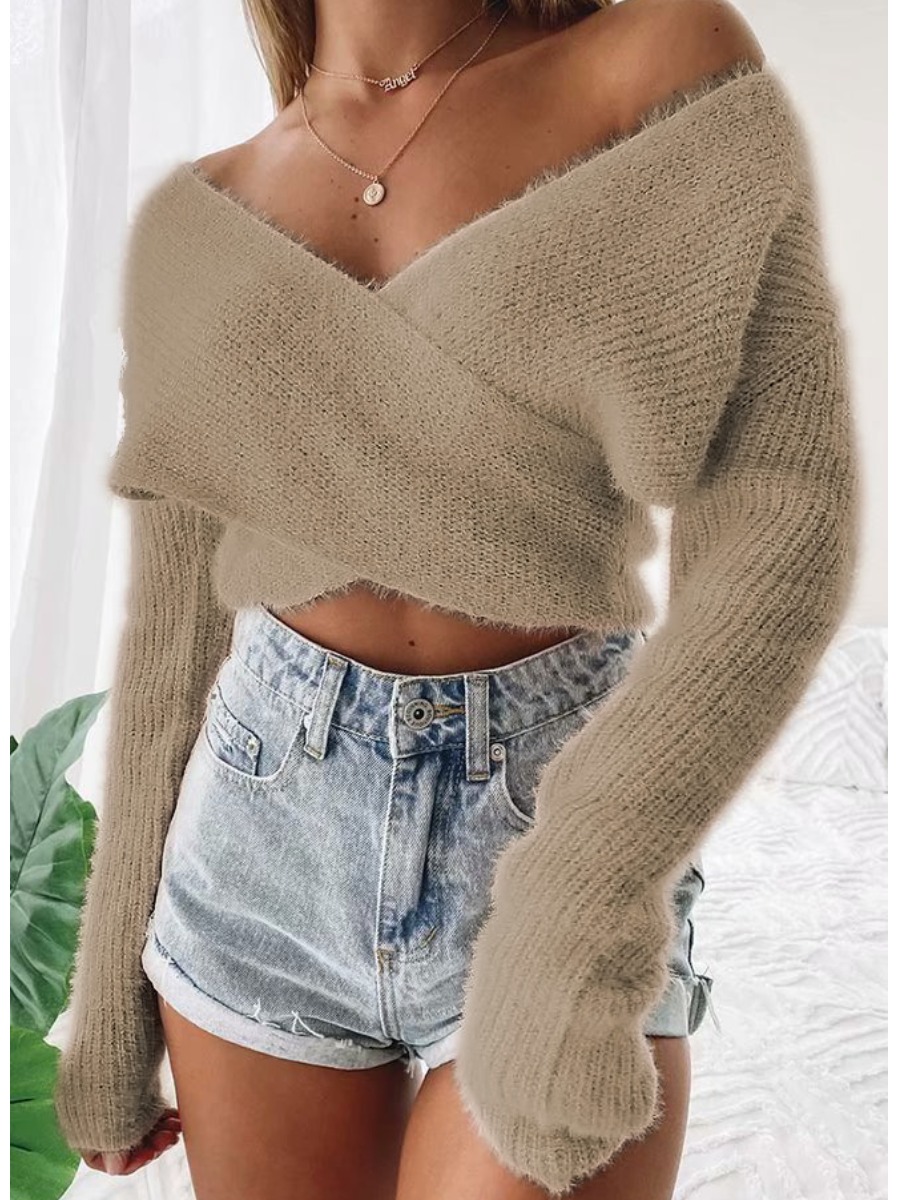 

lovely Street Cross-over Design Light Tan Sweater