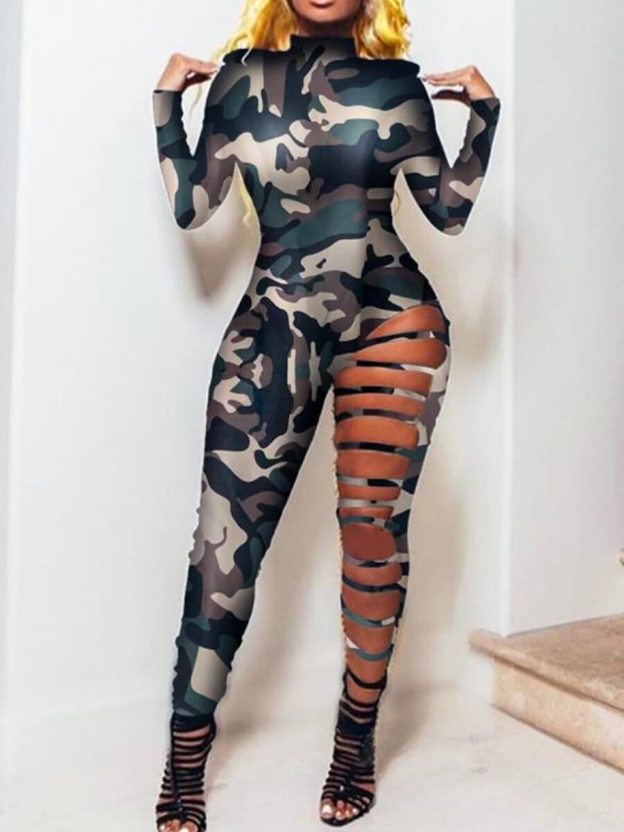 

Lovely Stylish Camo Print Hollow-out One-piece Jumpsuit