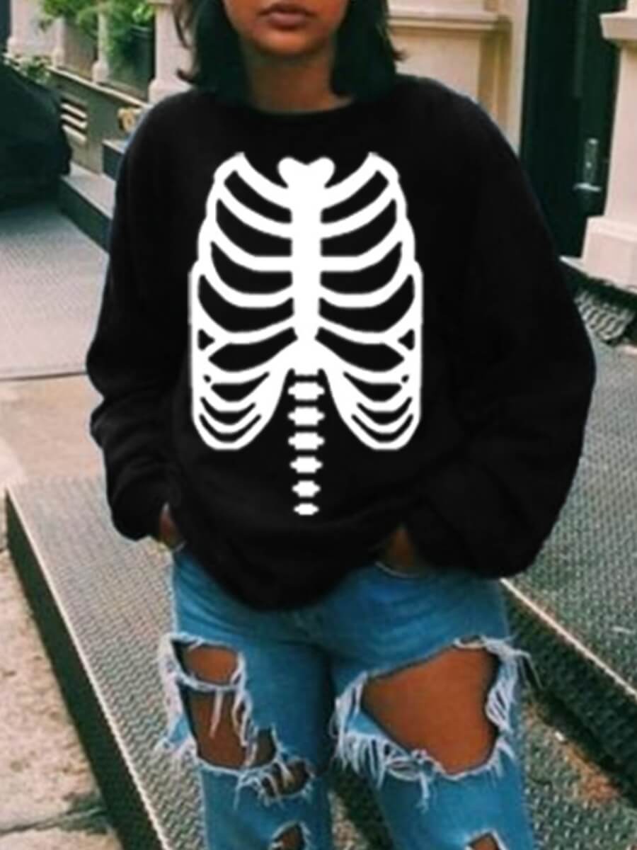 

Lovely Casual O Neck Print Black Hoodie