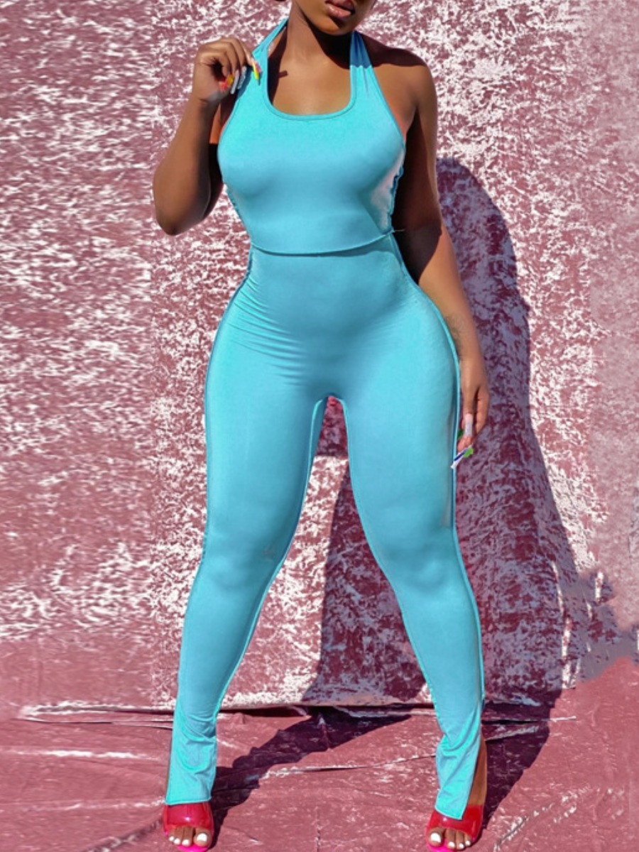 

lovely Sportswear Backless Bandage Design Blue One-piece Jumpsuit