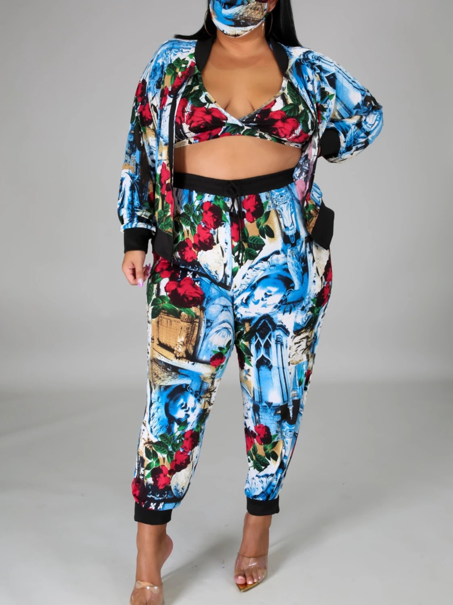 

lovely Trendy Print Zipper Design Multicolor Plus Size Two-piece Pants Set, Multi