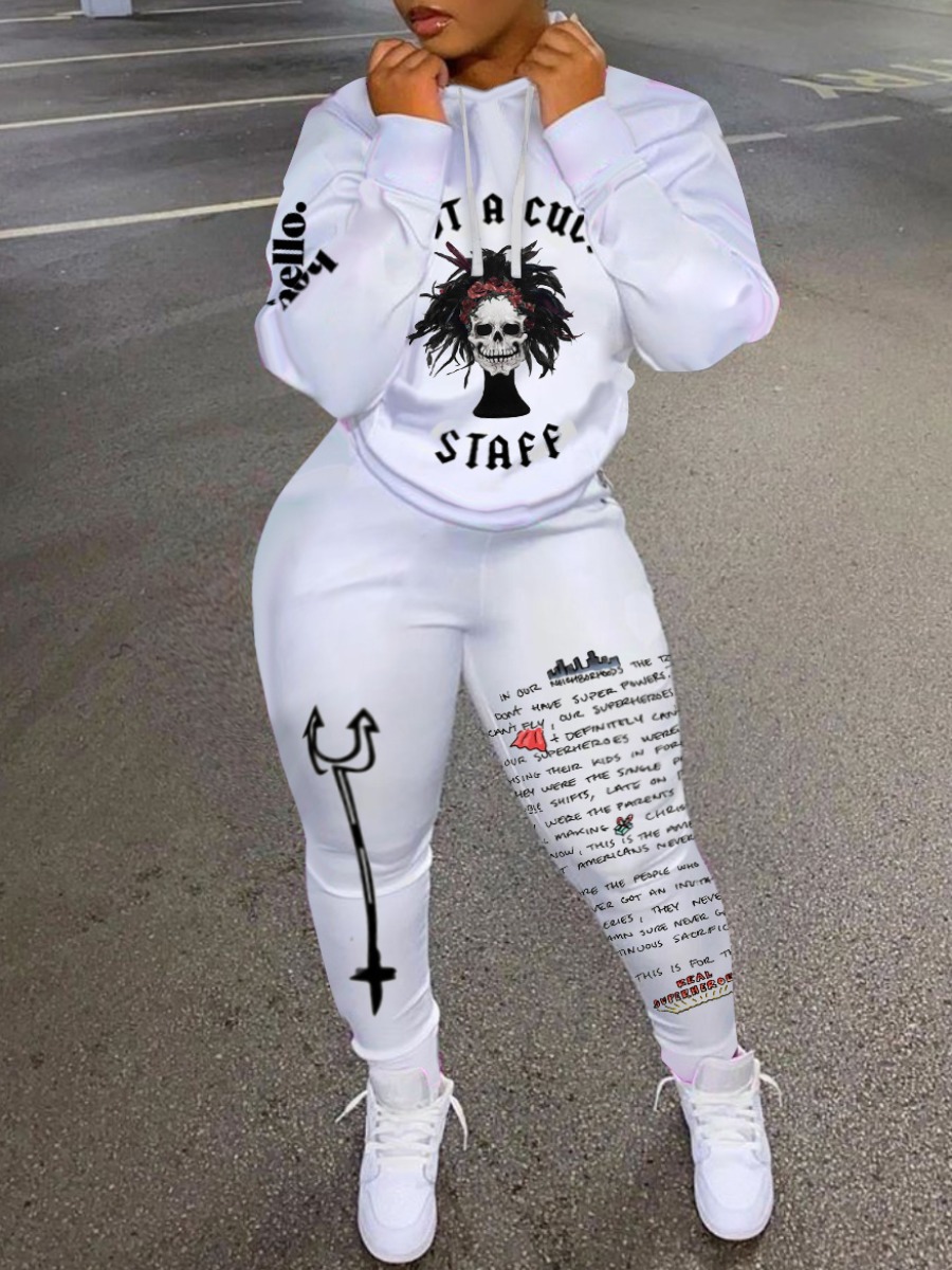 

lovely Street Hooded Collar Print White Plus Size Two-piece Pants Set