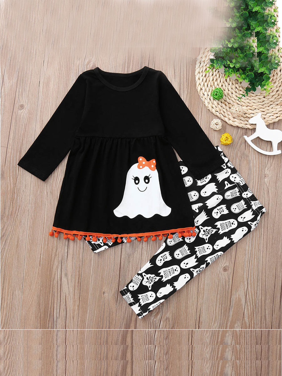 

lovely Sweet O Neck Cartoon Print Black Girl Two-piece Pants Set