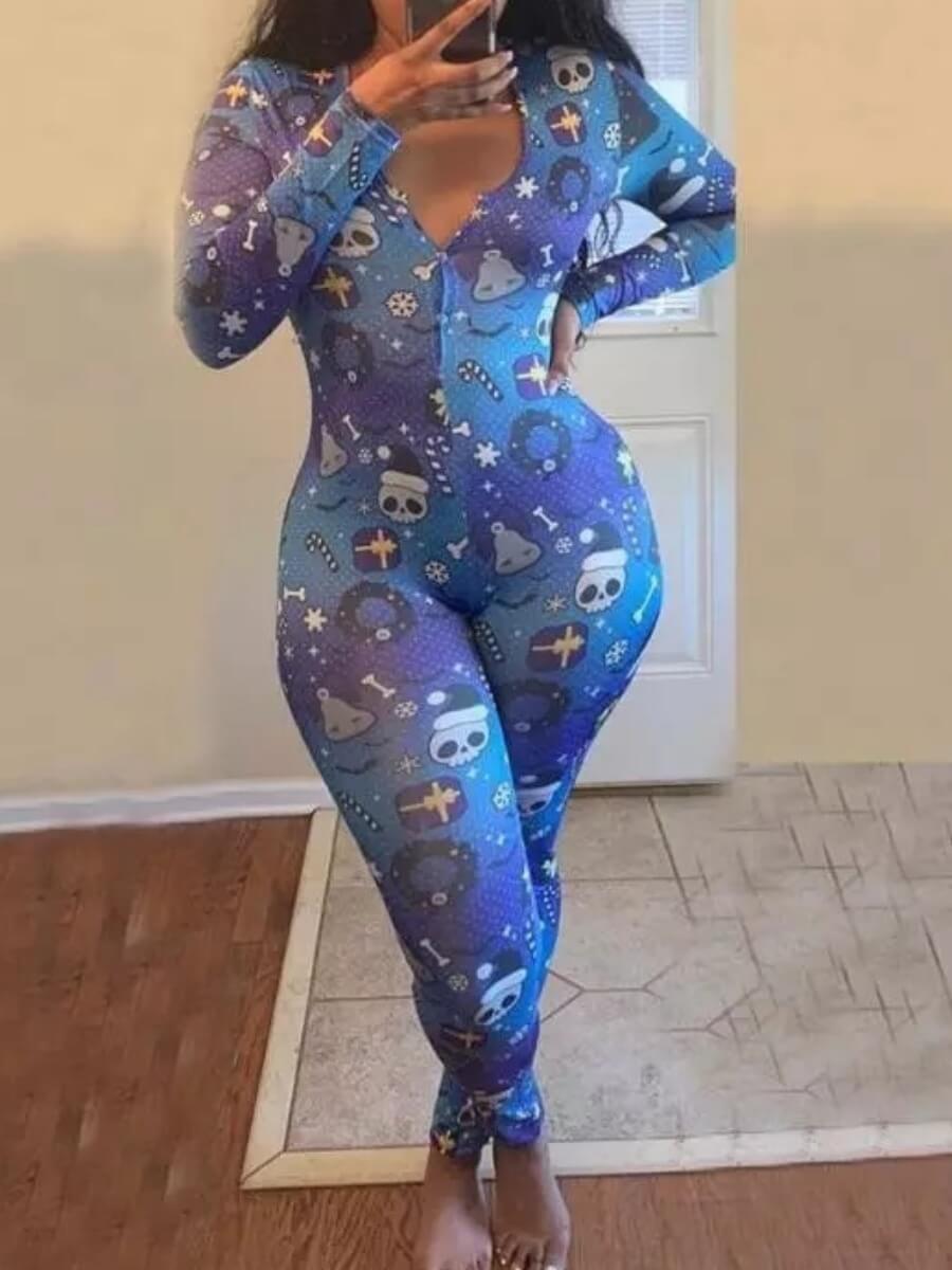 

Lovely Leisure V Neck Cartoon Print Blue Sleepwear