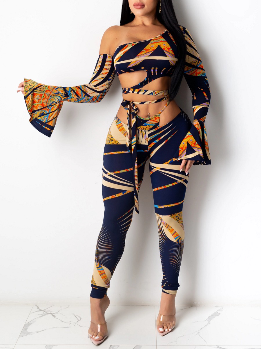 

lovely Sexy Print Bandage Design Black Two Piece Pants Set