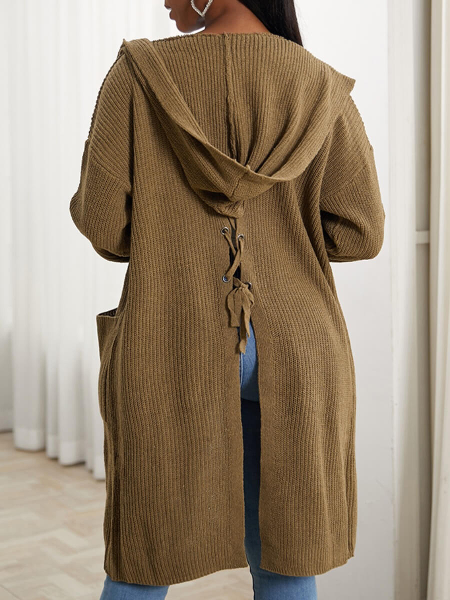 

Lovely Casual Hooded Collar Bandage Design Coffee Cardigan