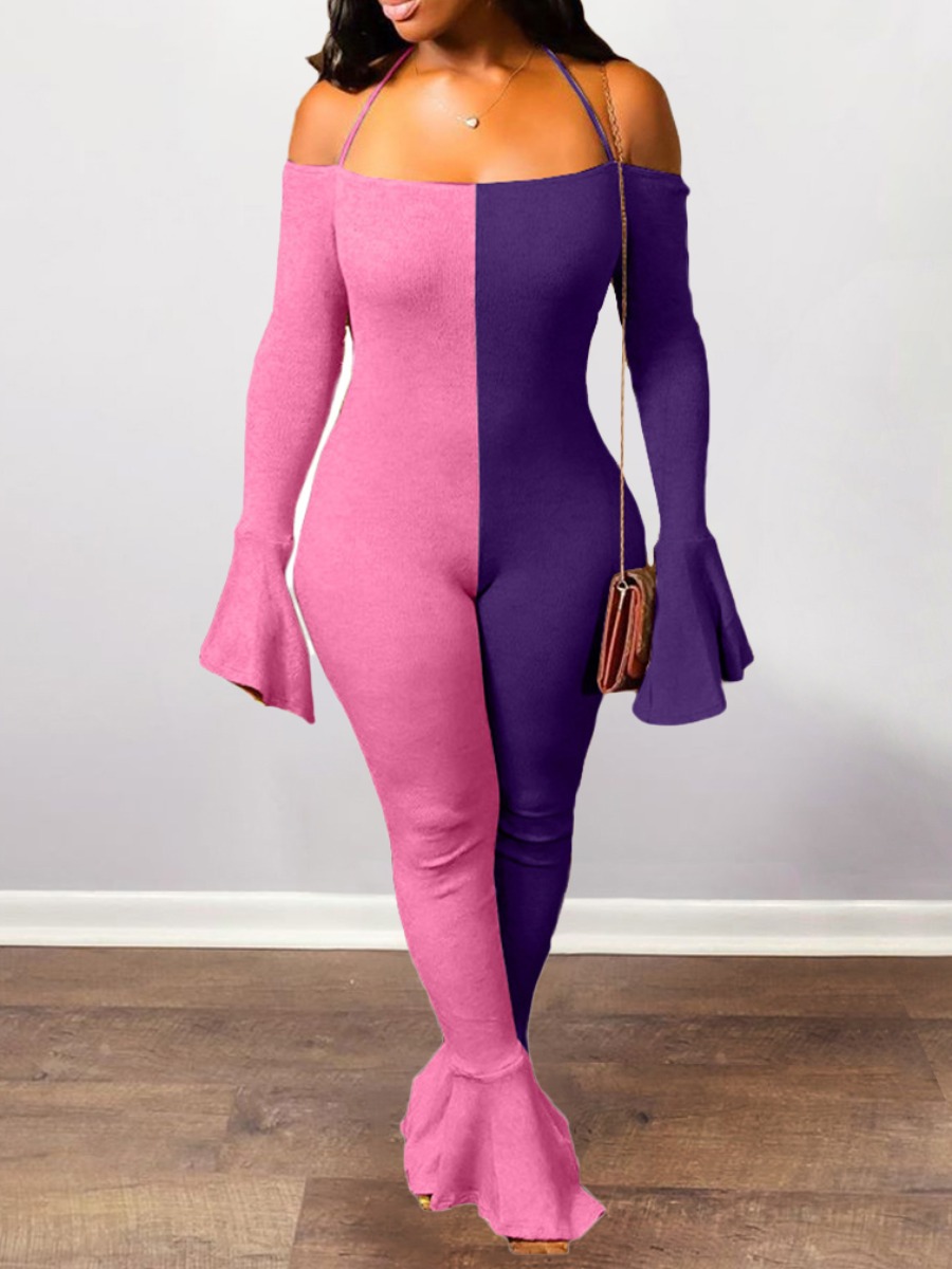 

lovely Trendy Dew Shoulder Patchwork Skinny Pink One-piece Jumpsuit