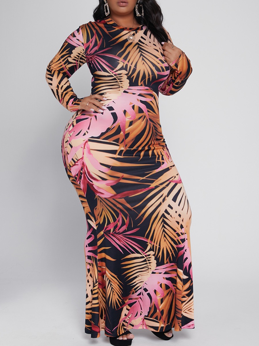 

lovely Casual O Neck Leaf Print Apricot Maxi Plus Size Dress