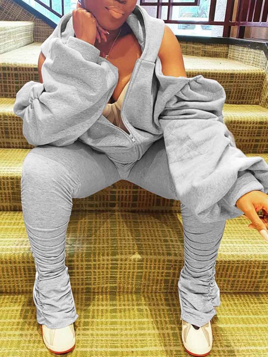 

LW Plus Size Stylish Hooded Collar Hollow-out Zipper Design Grey Two-piece Pants Set