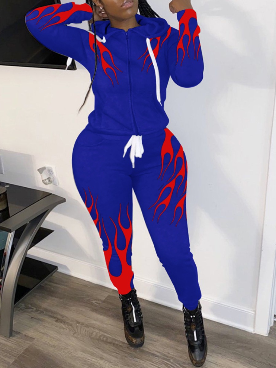 

Lovely Casual Hooded Collar Print Blue Plus Size Two-piece Pants Set