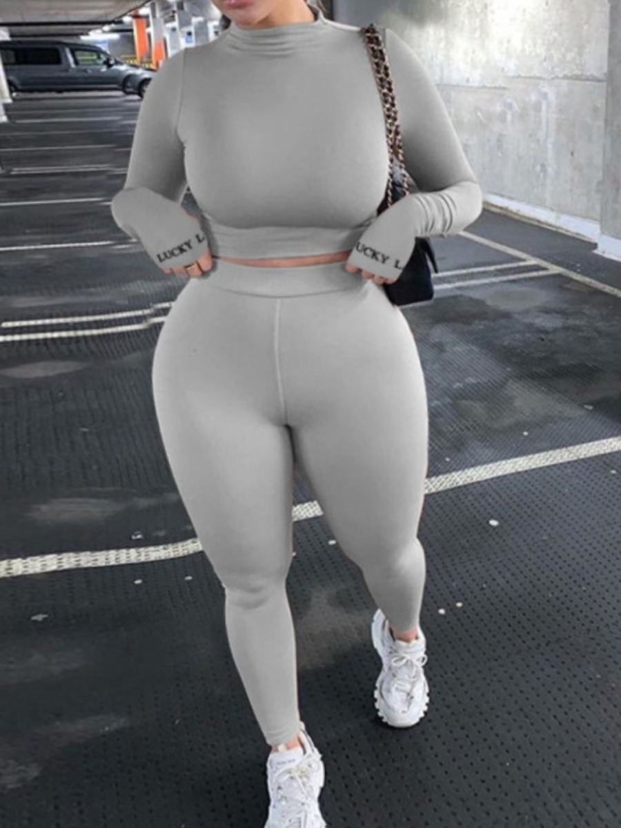 

lovely Casual Letter Skinny Grey Plus Size Two-piece Pants Set