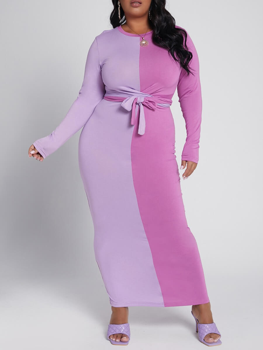 

Lovely Casual O Neck Patchwork Purple Ankle Length Plus Size Dress