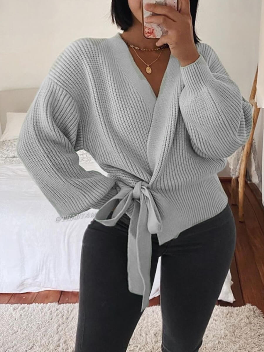 

Lovely Trendy V Neck Lace-up Light Grey Sweater