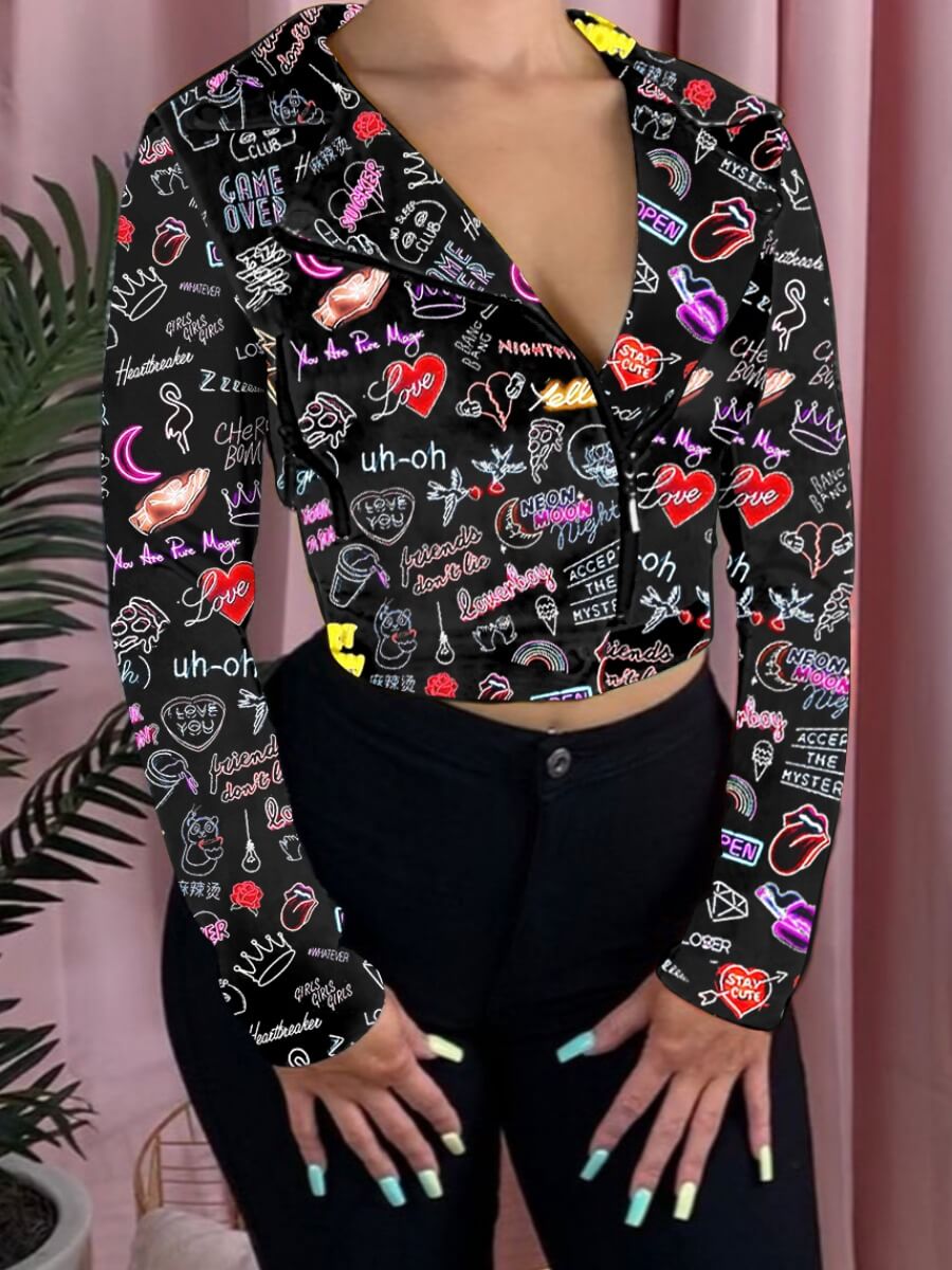 

Lovely Stylish Turn-back Collar Print Black Jacket