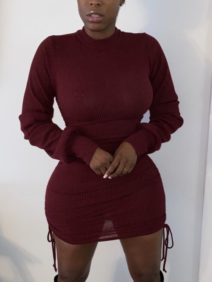 

Lovely Sexy O Neck Fold Design Wine Red Mini Dress