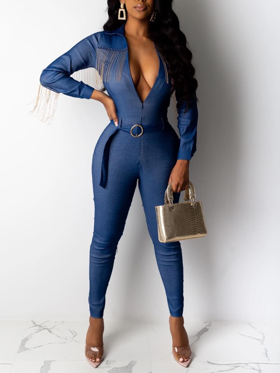 

Lovely Stylish Turndown Collar Zipper Design Blue Denim One-piece Jumpsuit
