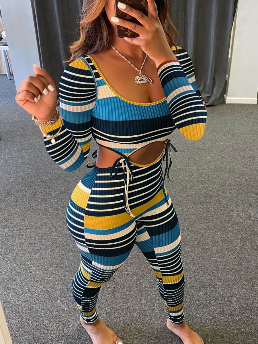 

Lovely Stylish U Neck Rainbow Striped Blue Two Piece Pants Set