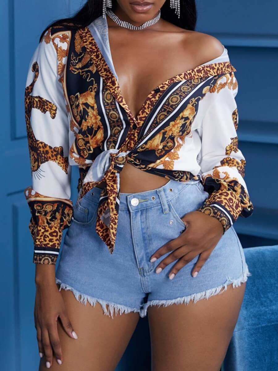 

Lovely Stylish Turndown Collar Print White Blouse