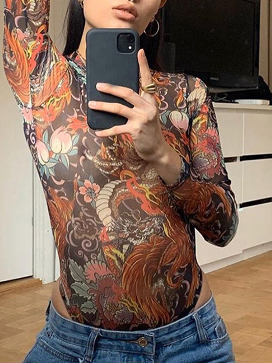 

lovely Street Print Skinny Orange Bodysuit