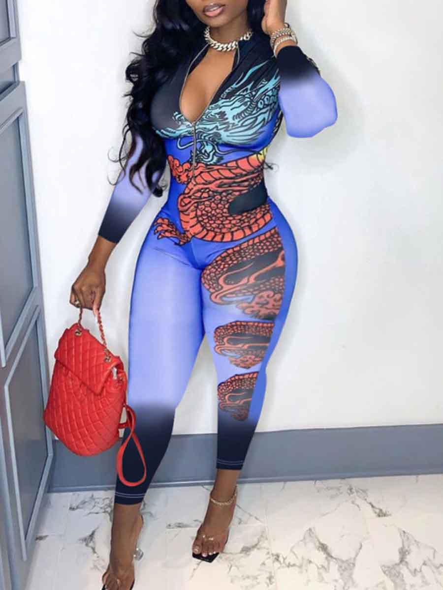 

Lovely Stylish Zipper Design Print Multicolor One-piece Jumpsuit, Multi