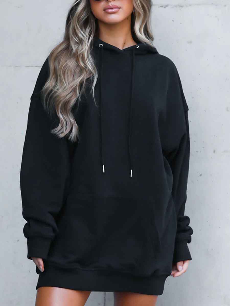 

Lovely Casual Hooded Collar Basic Loose Black Mini Dress