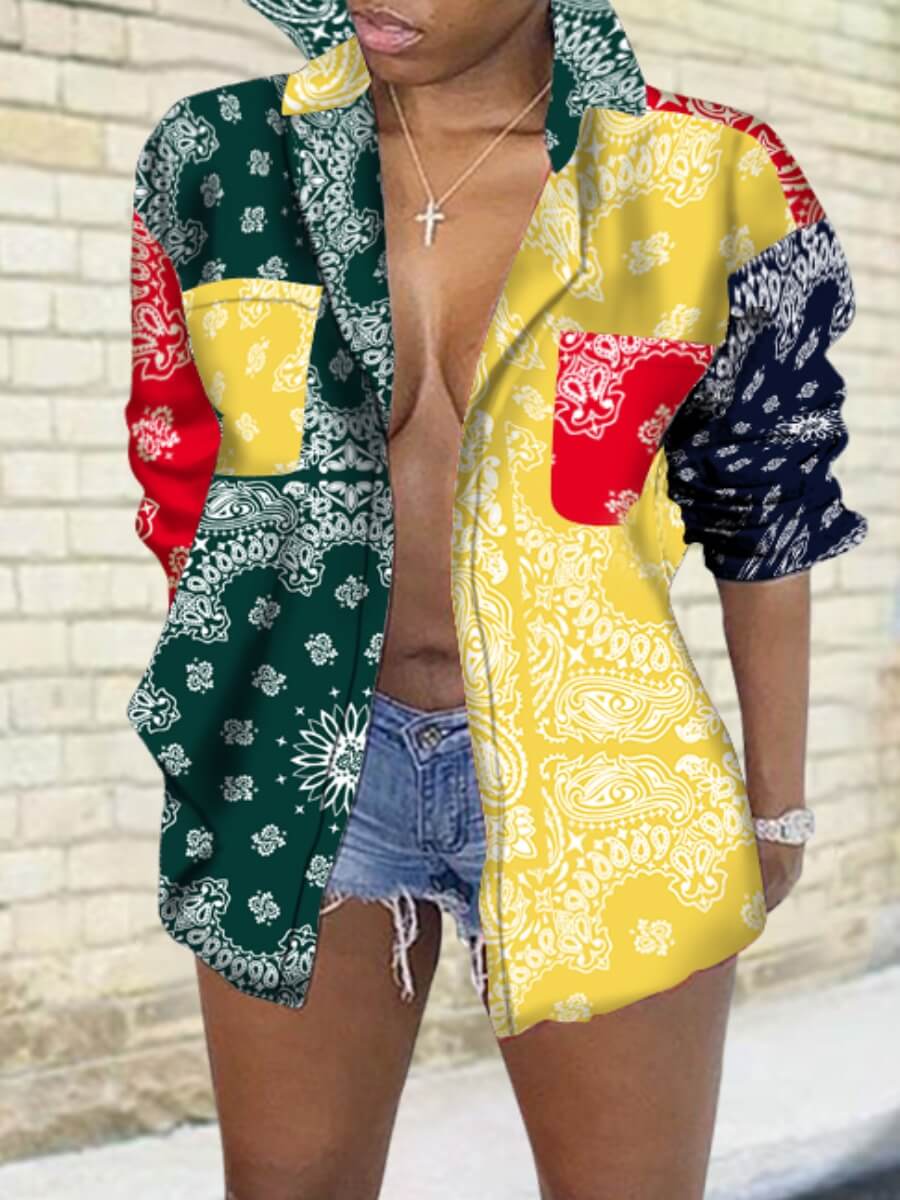 

Lovely Street Turndown Collar Print Patchwork Green Blouse