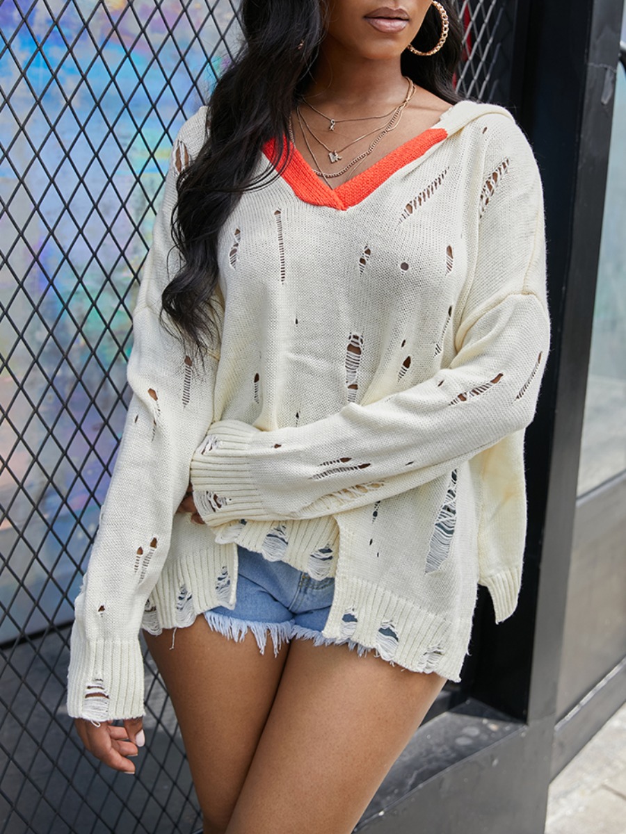 

lovely Trendy V Neck Broken Holes Asymmetrical White Sweater