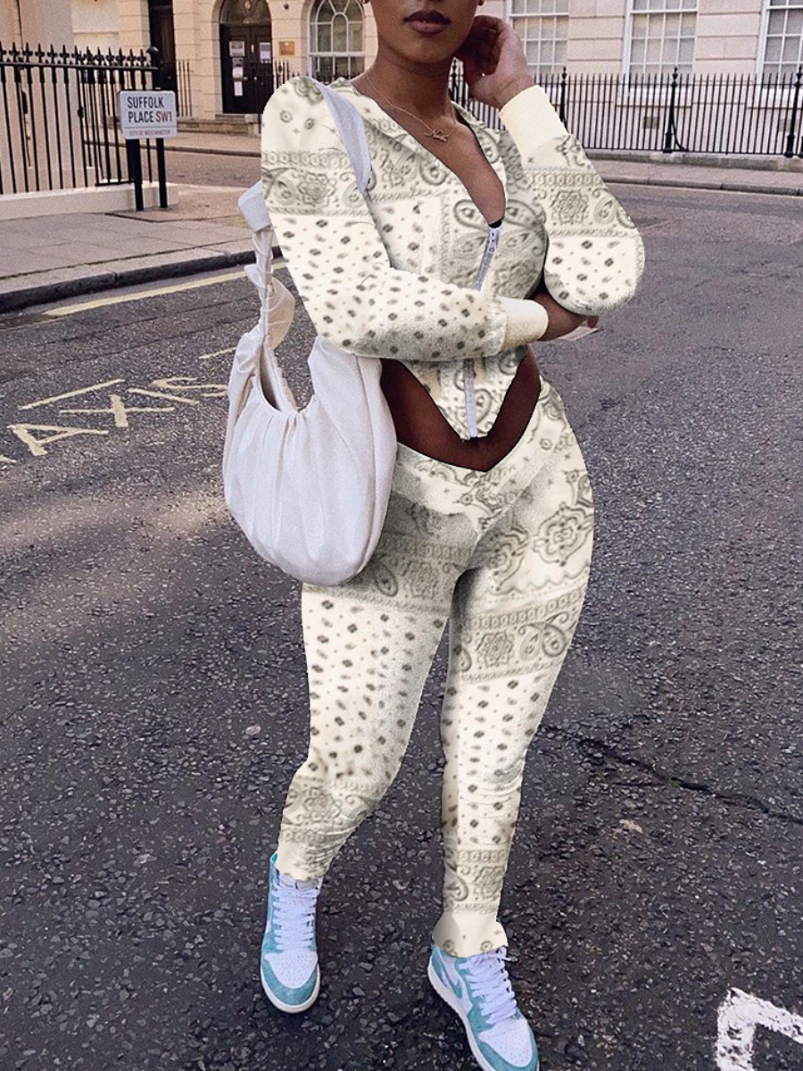 

lovely Trendy Print Asymmetrical White Two Piece Pants Set