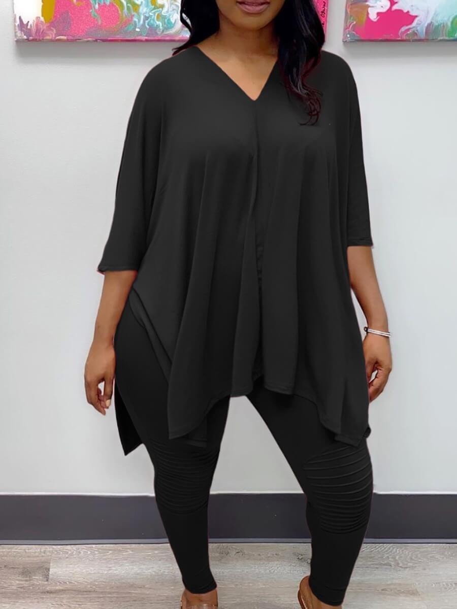 

LW Plus Size V Neck Basic Black Pants Set