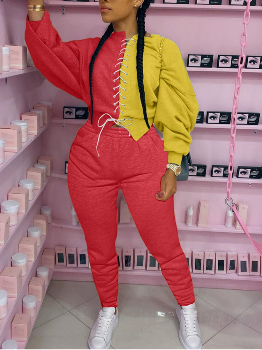 

Lovely Sportswear Bandage Design Patchwork Red Plus Size Two-piece Pants Set