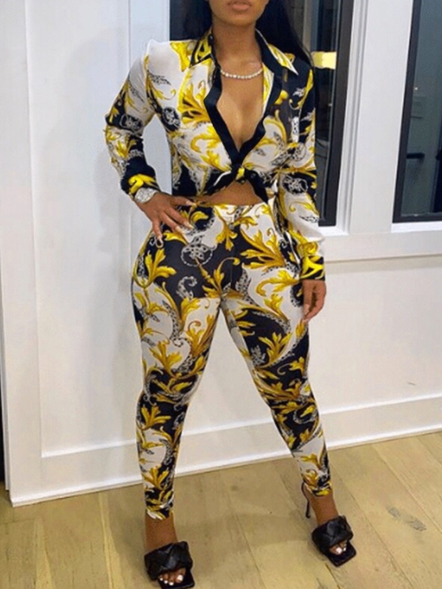 

lovely Trendy Turndown Collar Print Yellow Two Piece Pants Set