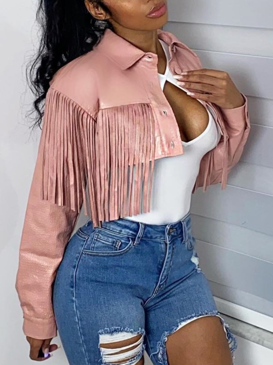 

Lovely Trendy Turndown Collar Tassel Design Pink Leather