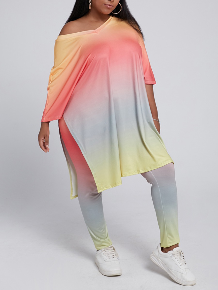 

lovely Leisure V Neck Gradient Jacinth Plus Size Two-piece Pants Set