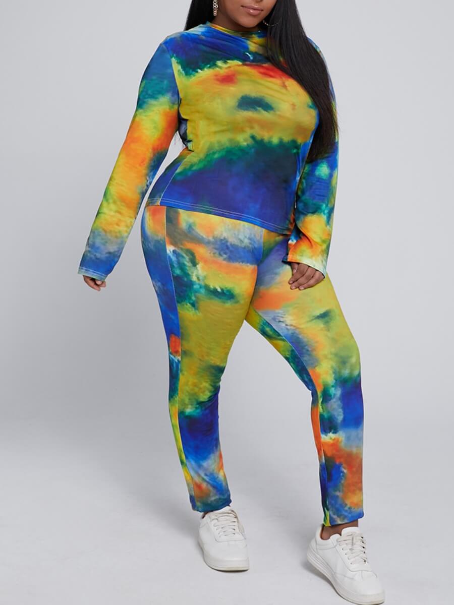 

Lovely Casual O Neck Tie-dye Blue Plus Size Two-piece Pants Set