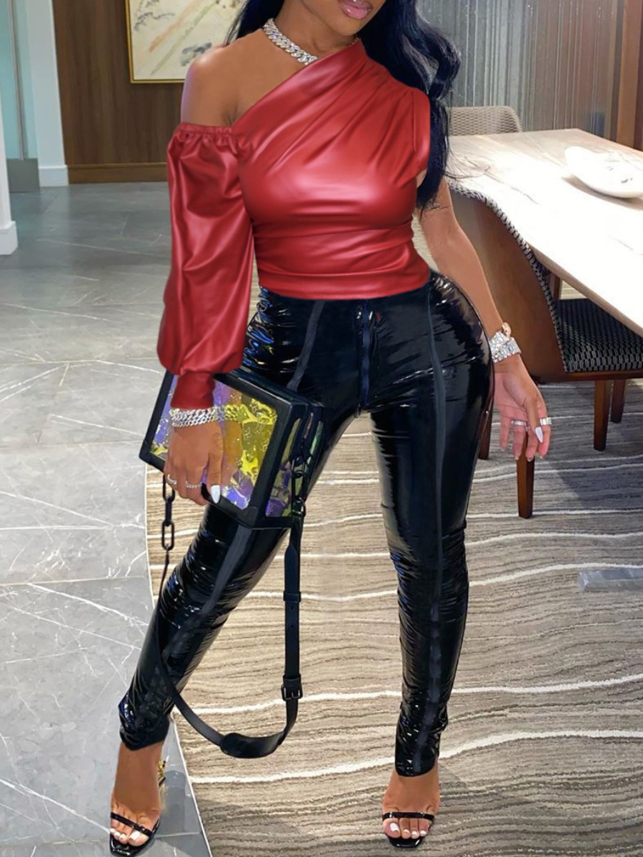 

lovely Trendy One Shoulder Hollow-out Red Two Piece Pants Set