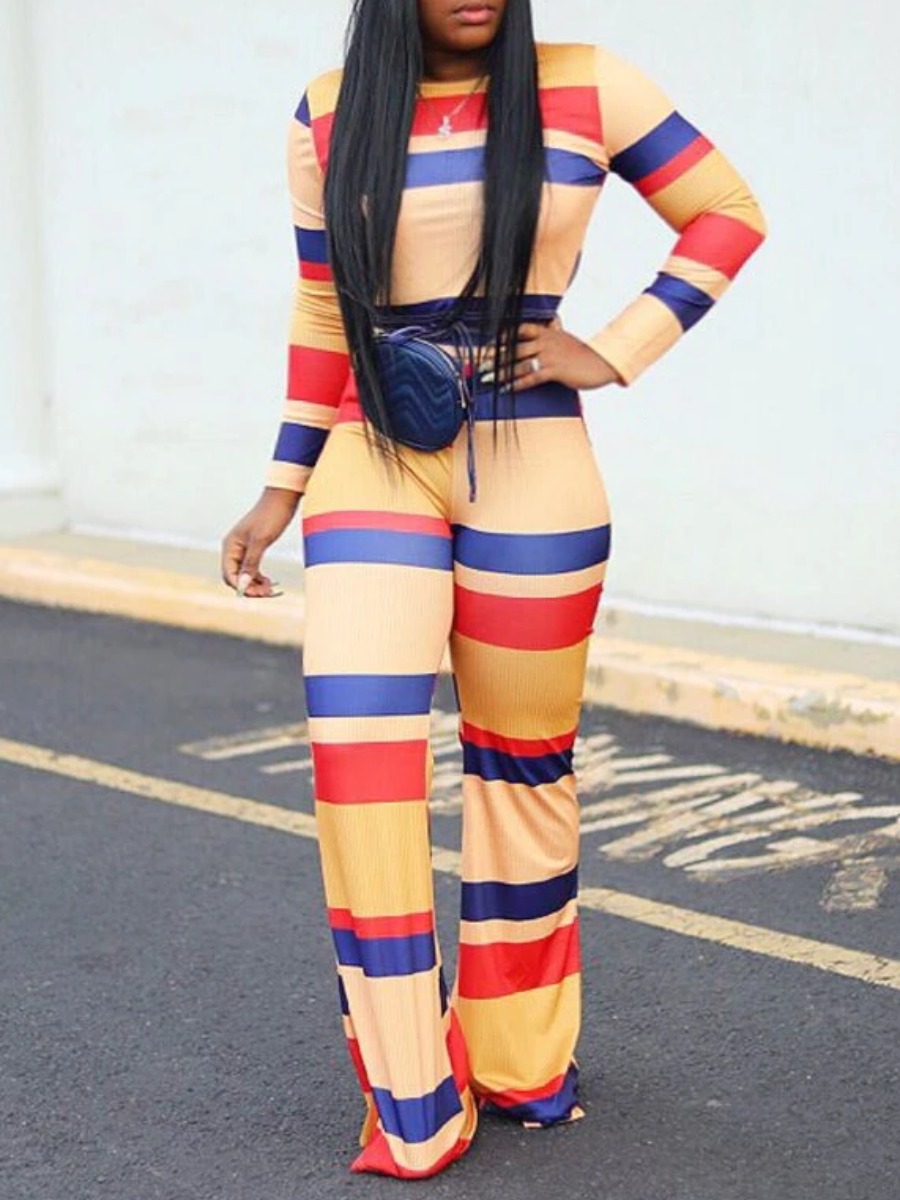 

lovely Trendy O Neck Rainbow Striped Yellow One-piece Jumpsuit